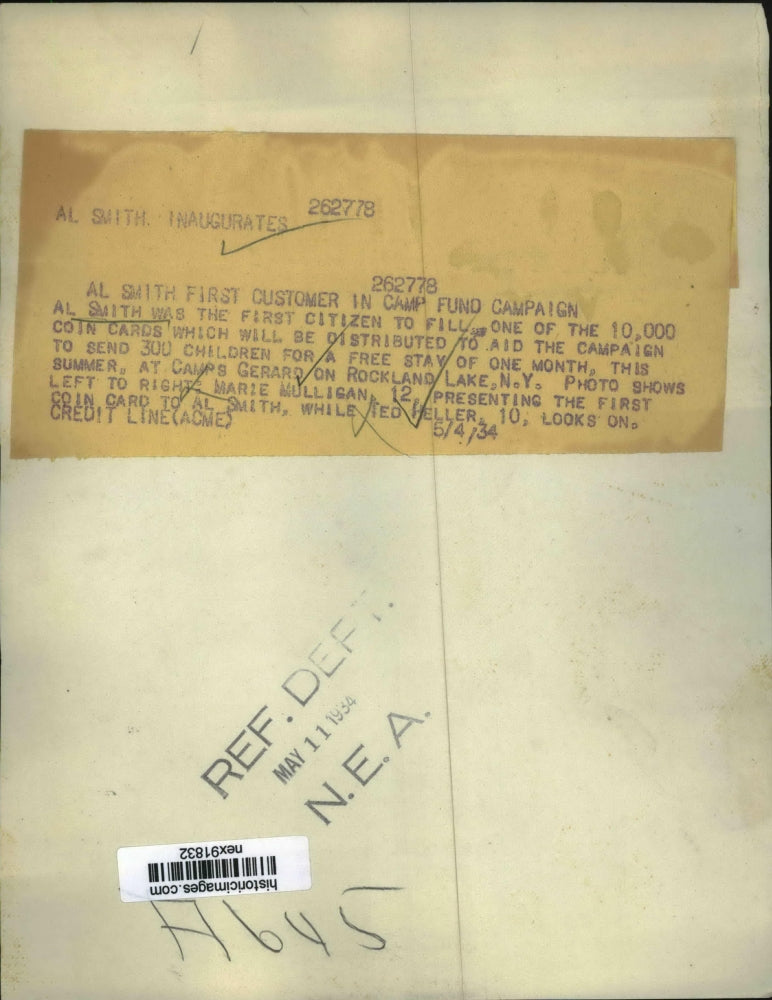 1931 Press Photo Former Governor Alfred Smith of NY 1st To Fill Coin Card