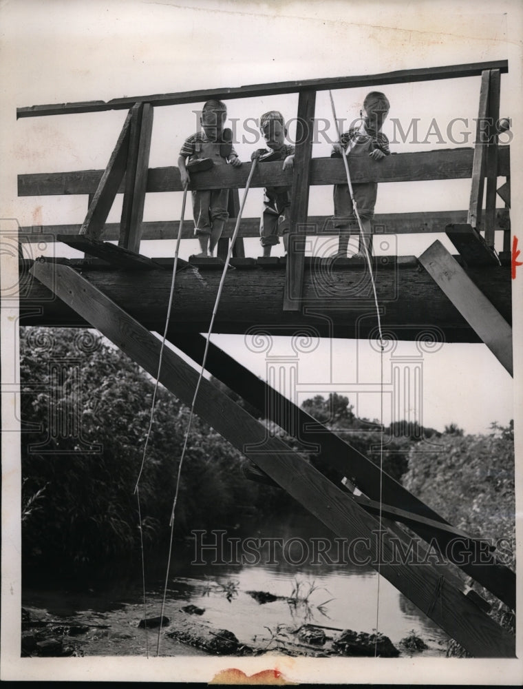 Load image into Gallery viewer, 1946 Press Photo Tom, Dick &amp; Harry Kraus Triplets Fishing in Des Plaines River

