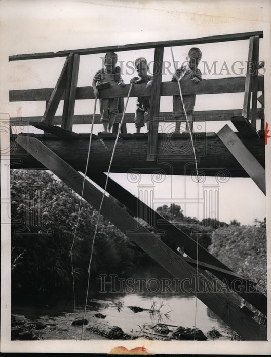 1946 Press Photo Tom, Dick & Harry Kraus Triplets Fishing in Des Plaines River