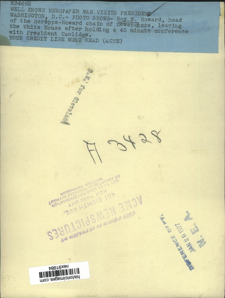 1927 Press Photo Roy W Howard of Scripps Howard Newspapers at White House