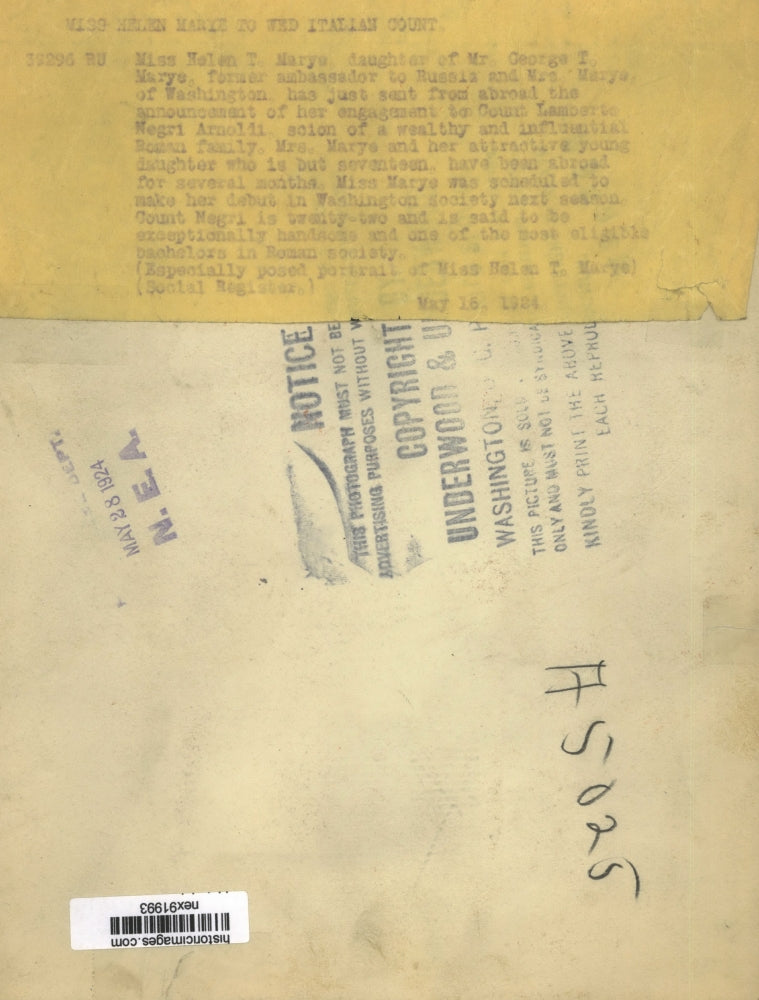 1924 Press Photo Helen T Marye Engaged to Count Lamberto Negri Arnoldi of Italy