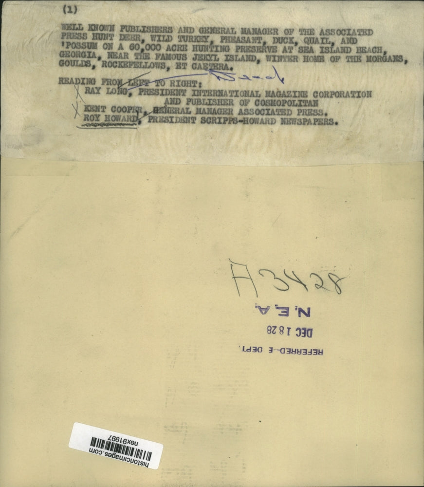 1928 Press Photo Ray Lon, Kent Cooper & Roy Howard Newsmen Go Deer Hunting