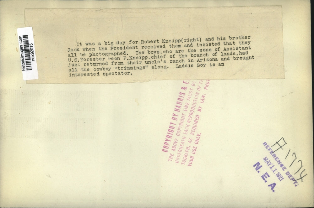 1921 Press Photo Robert & Jack Kneipp Sons of Asst US Forester at White House