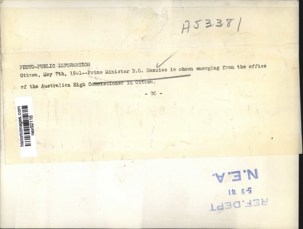 1941 Press Photo Prime Minister RG Menzies of Australian High Commission Ottawa