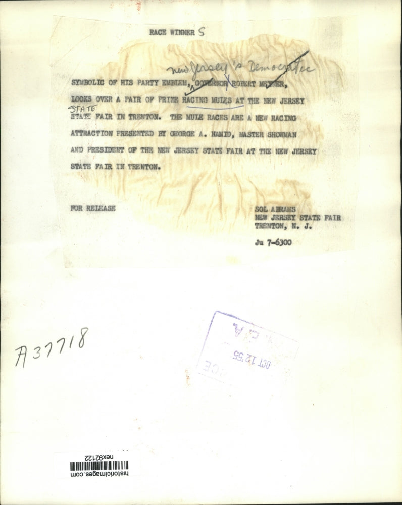 1955 Press Photo Governor Robert Meyner of New Jersey & Prize Racing Mules