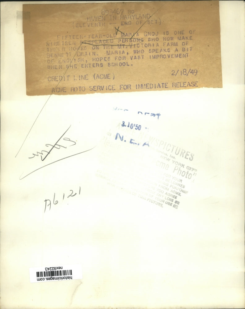 1949 Press Photo Maria Gnon Age 16 Displaced Person From England to Maine