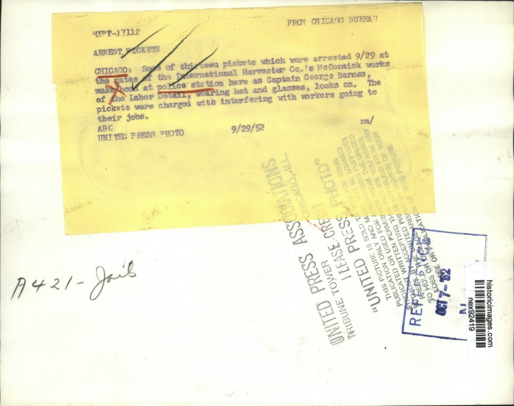 1952 Press Photo Picketers Arrested at Gates of International Harvester Company