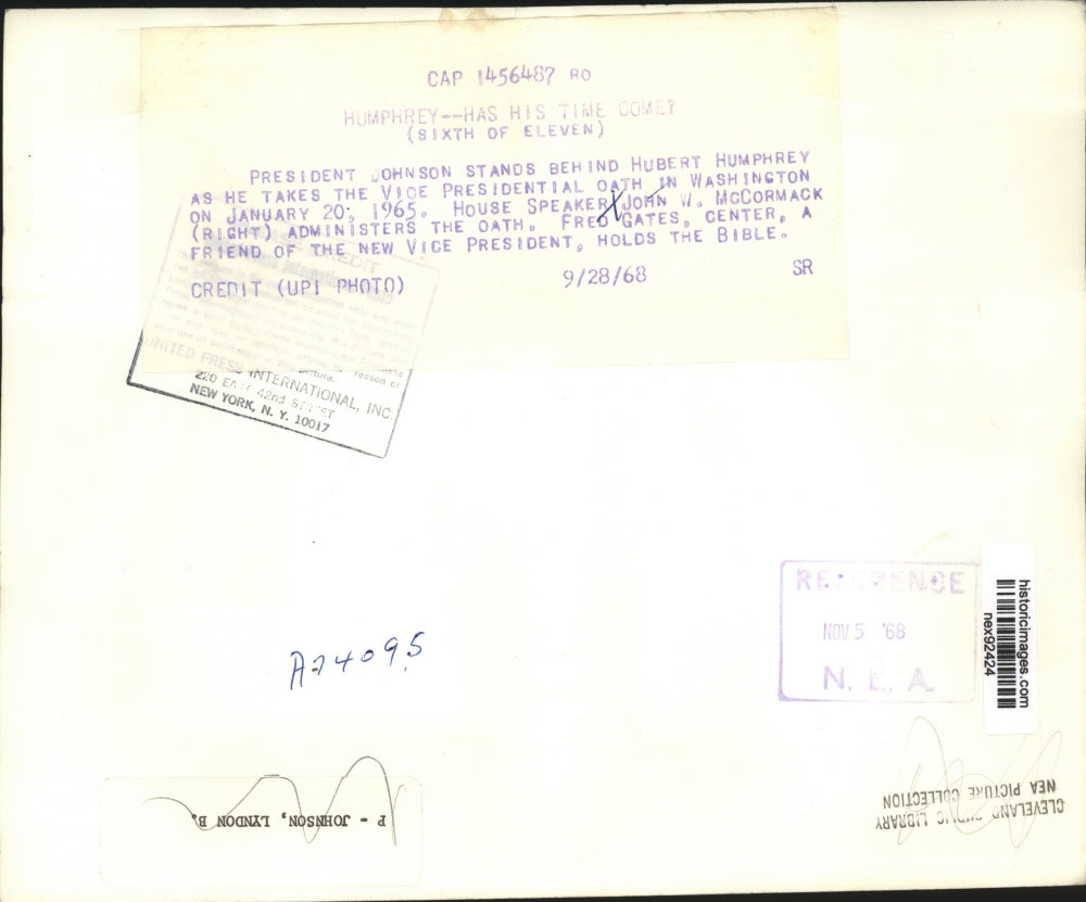 1968 Press Photo President Johnson, Hubert Humphrey & House Speaker McCormick