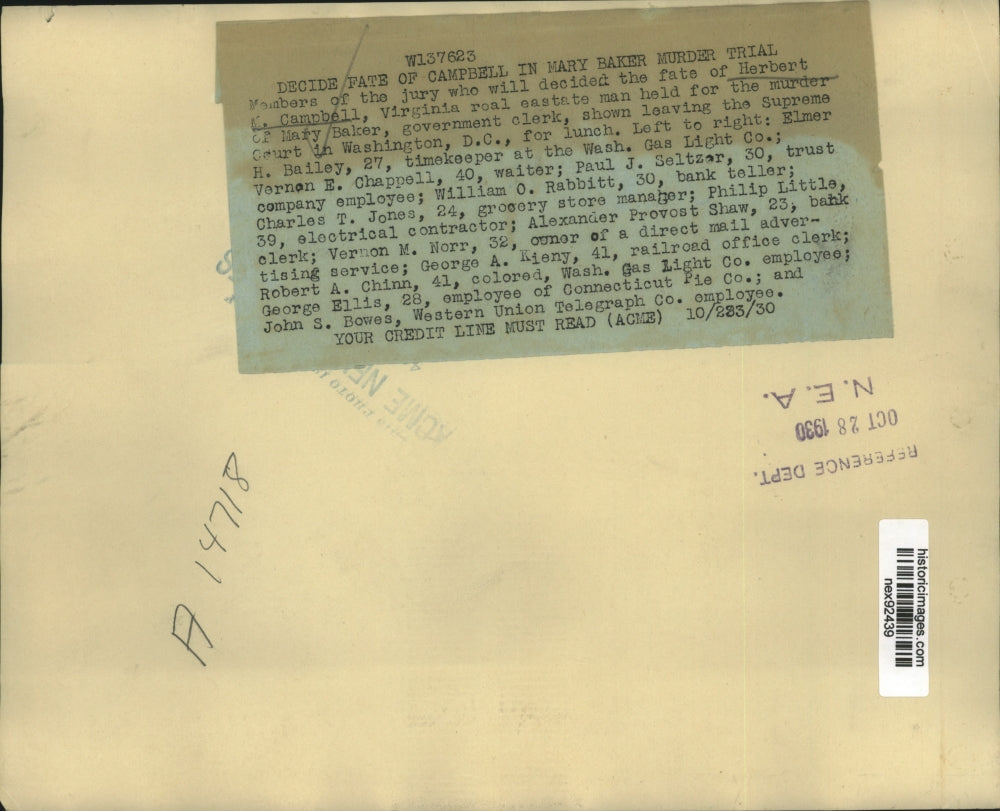 1930 Press Photo Herbert Campbell Murder Trial Jury Members Leaving For Lunch