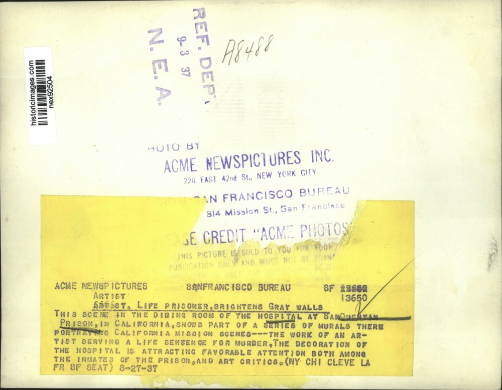 1937 Press Photo Prisoner at San Quentin Paints Murals of Prison Walls