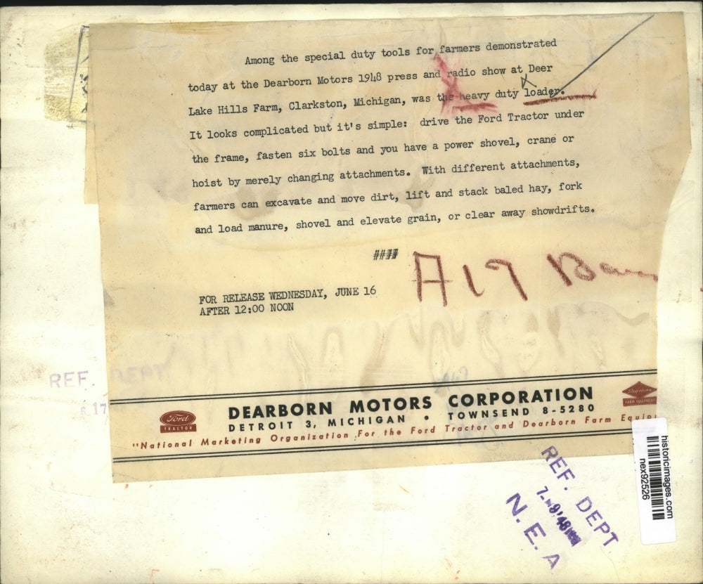 1948 Press Photo New Tractor at Dearborn Motors 1948 Press & Radio Show Michigan