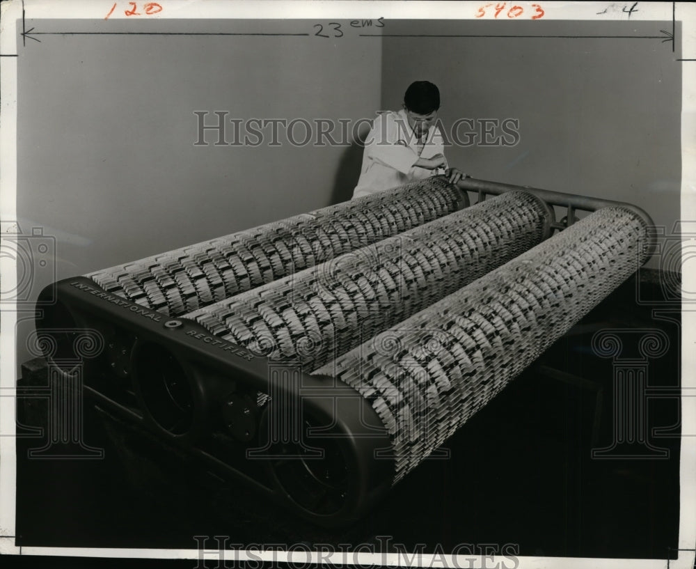 1962 Press Photo Rectifier Cell Pillars International Rectifier Corp El Segundo