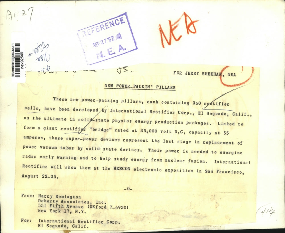 1962 Press Photo Rectifier Cell Pillars International Rectifier Corp El Segundo