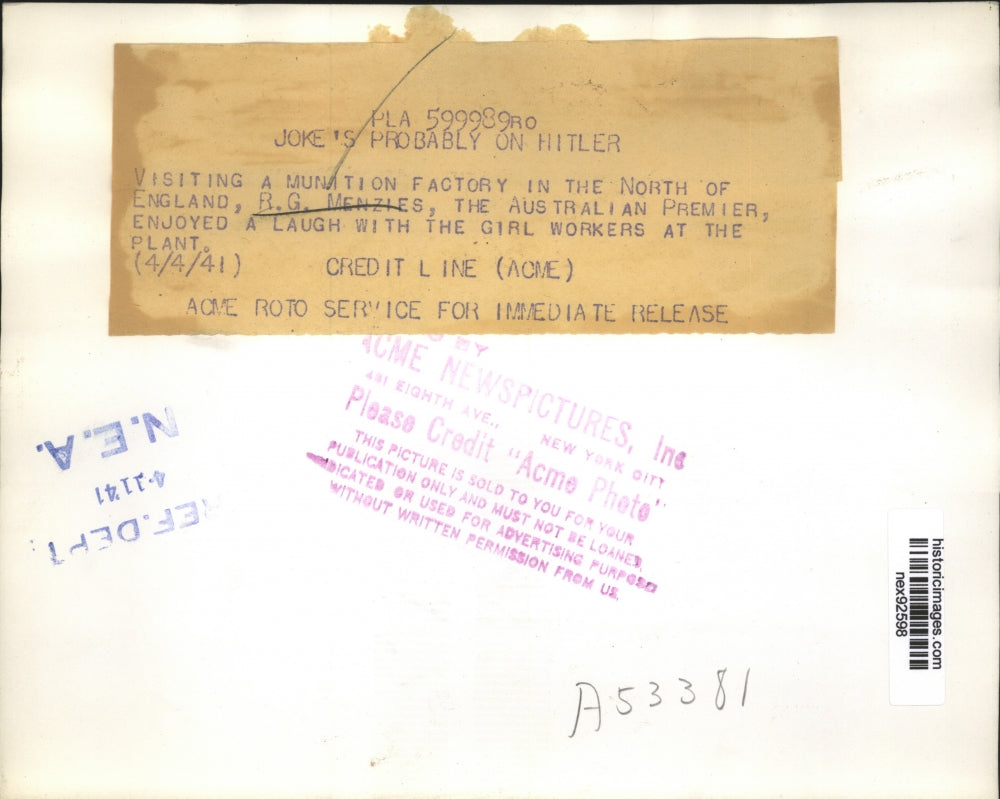 1941 Press Photo RG Menzies Australian Premier Visits Munitions Factory England