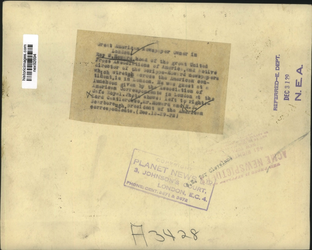 1929 Press Photo Roy W Howard United Press Association Head & HS Scarborough