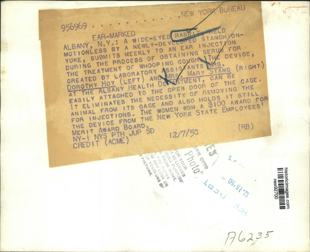 1950 Press Photo Dorothy Hoy & Mary Stanng Invent Device to Hold Animal Still