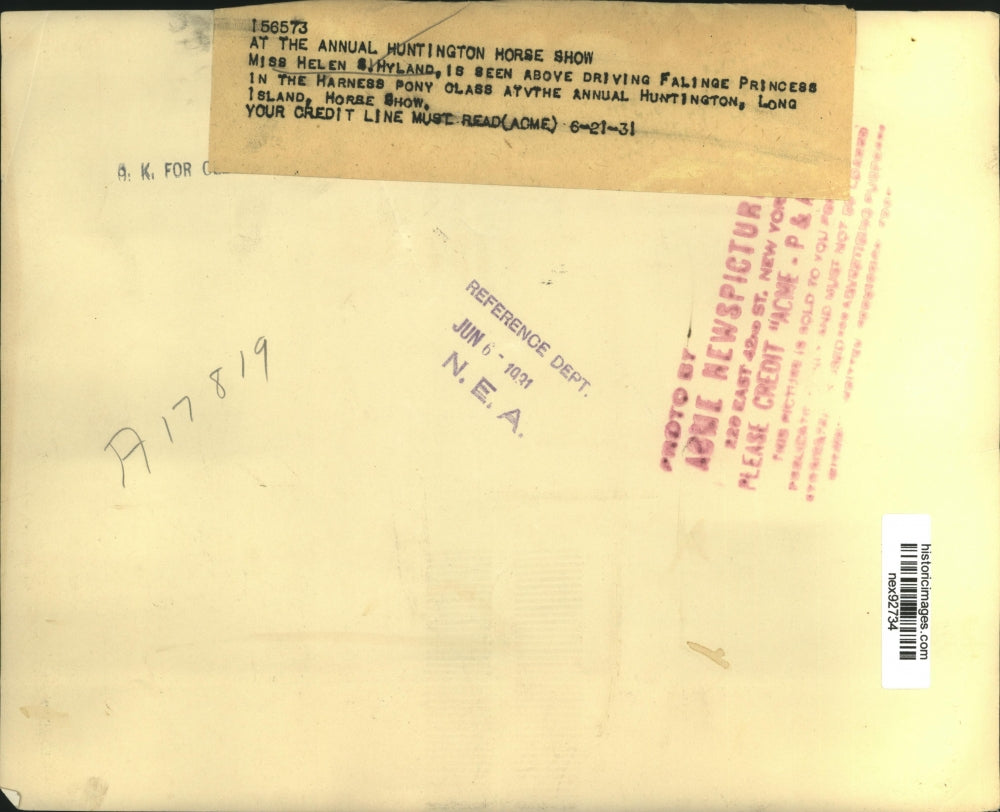 1931 Press Photo Helen Hyland Drives Falinge Princess in Huntington Horse Show