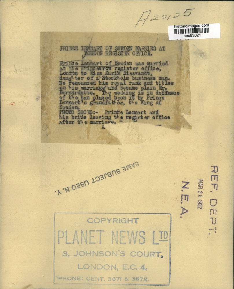 1932 Press Photo Prince Lennart of Sweden Marries Karin Nissvandt in Stockholm