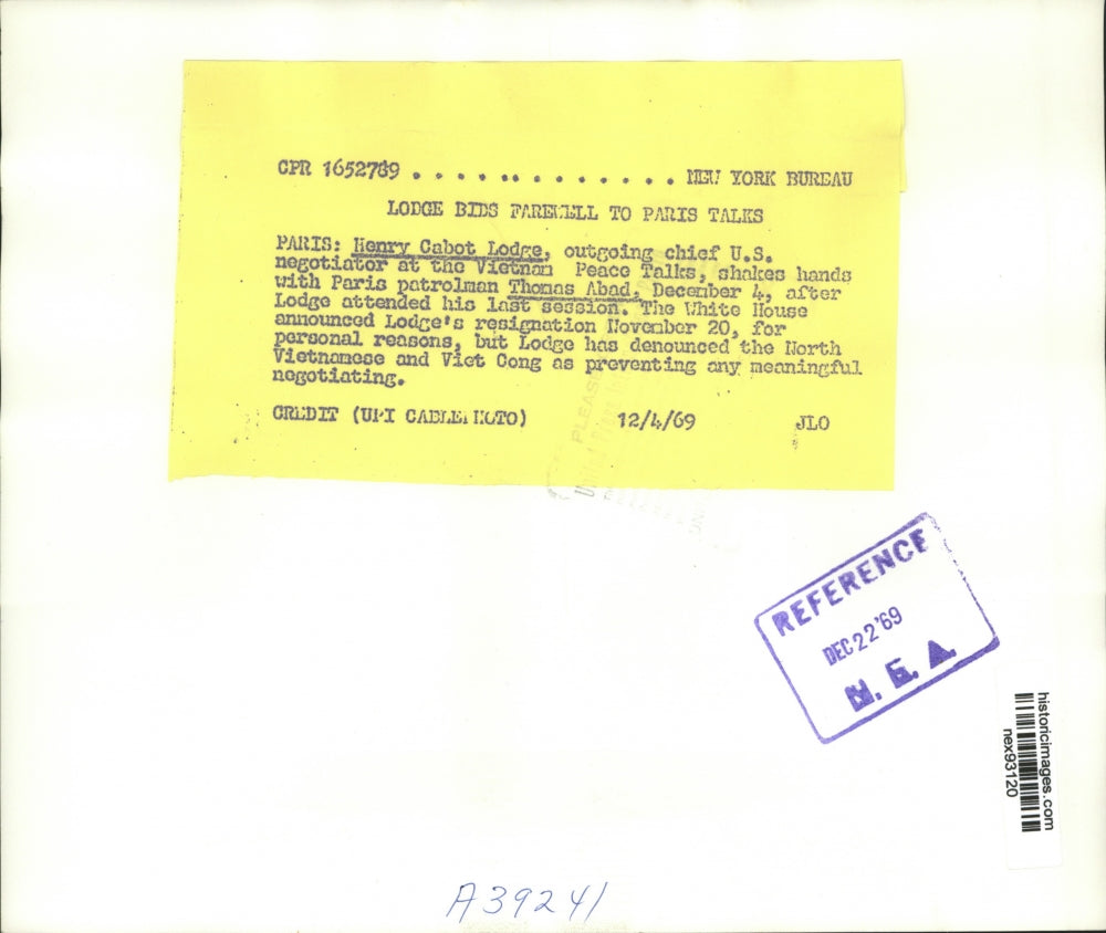 1969 Press Photo Chief US Negotiator Henry Cabot Lodge & Thomas Abad Paris Polic