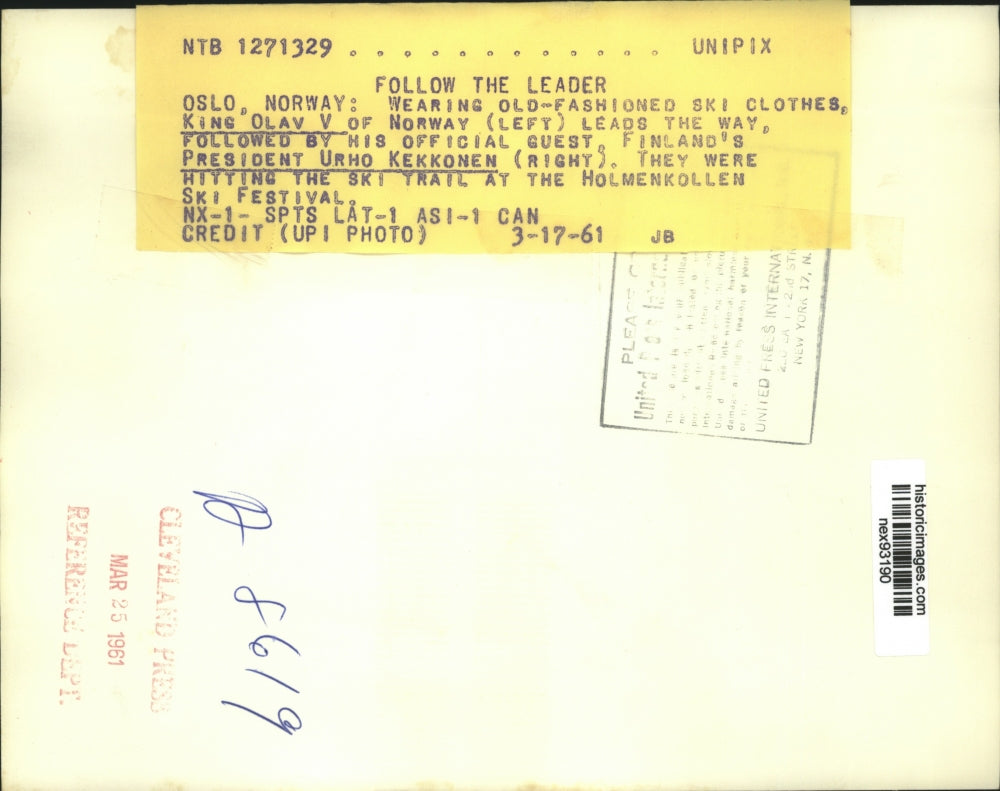 1961 Press Photo Kin Olav V & President Kekkonen of Norway at Ski Festival