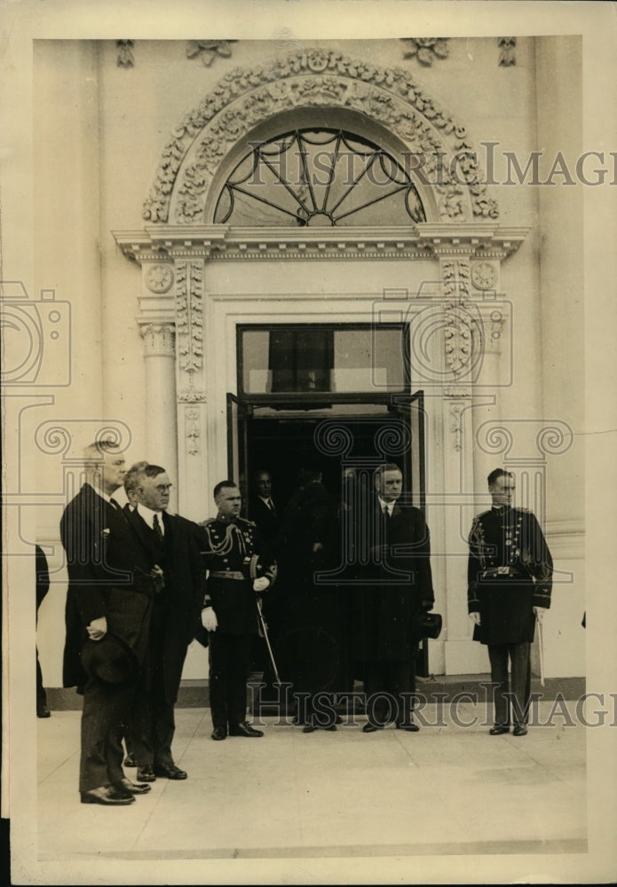 Load image into Gallery viewer, 1924 Press Photo Secretary of Interior Hubert Work Leaving Funeral of Wife Laura
