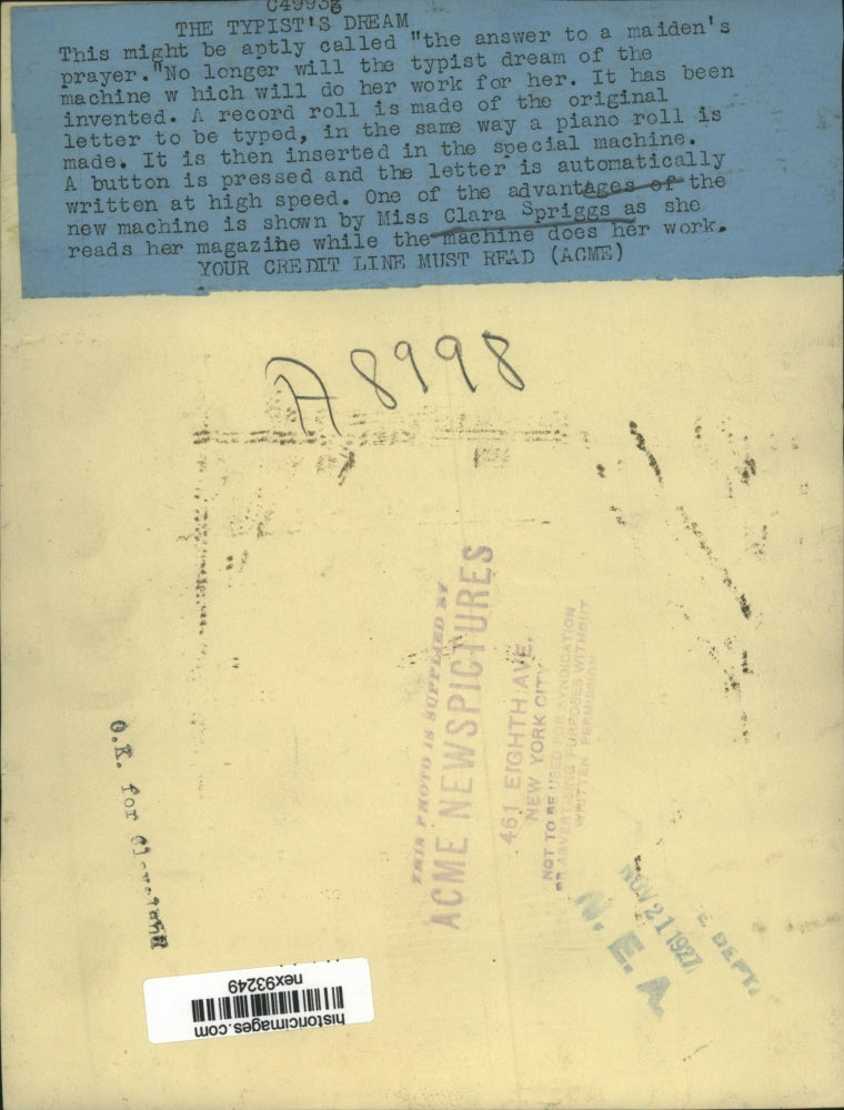 1927 Press Photo Clara Spriggs and Machine That Automatically Types Letter