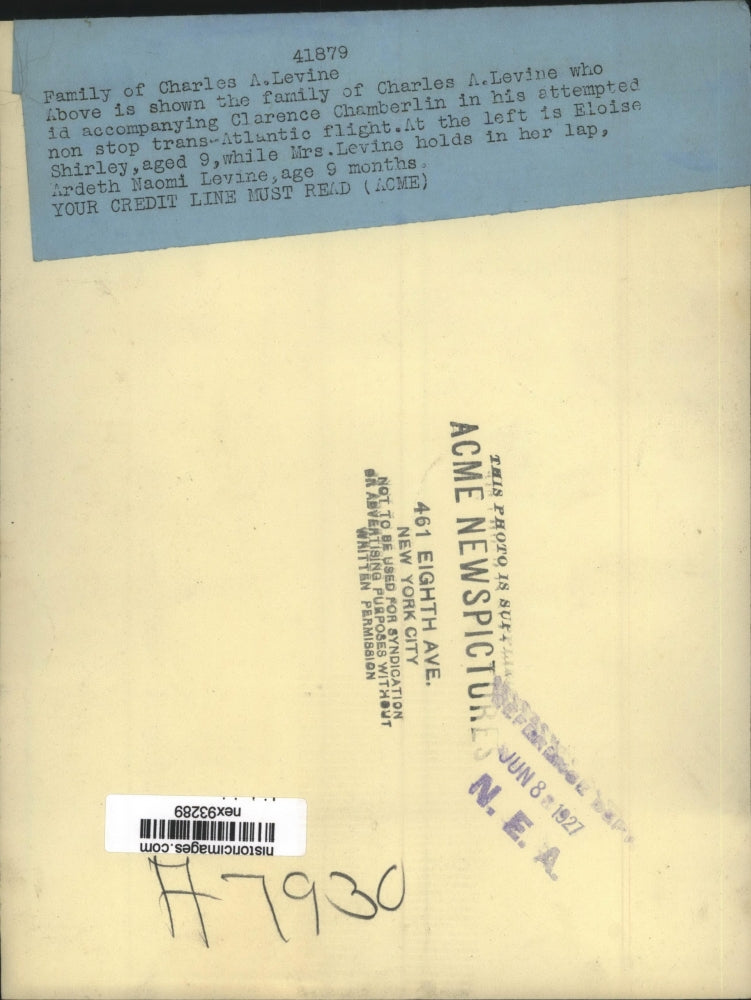 1927 Press Photo Family of Charles Levine Pilot on Transcontinental Flight