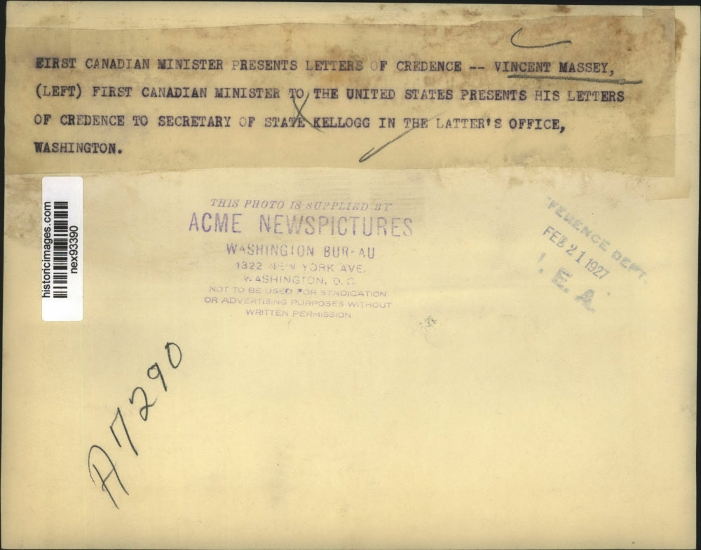 1927 Press Photo 1st Canadian Minister Vincent Massey & Secretary State Kellogg