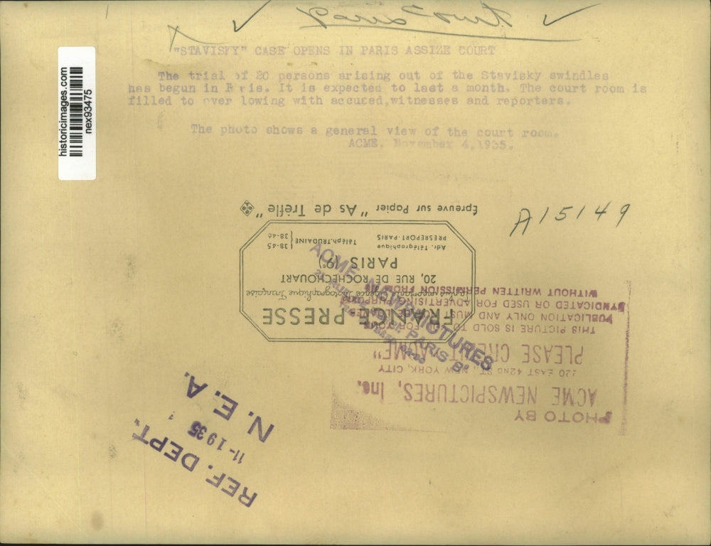 1935 Press Photo Stavisky Case Opens in Paris Assire Court View of Courtroom