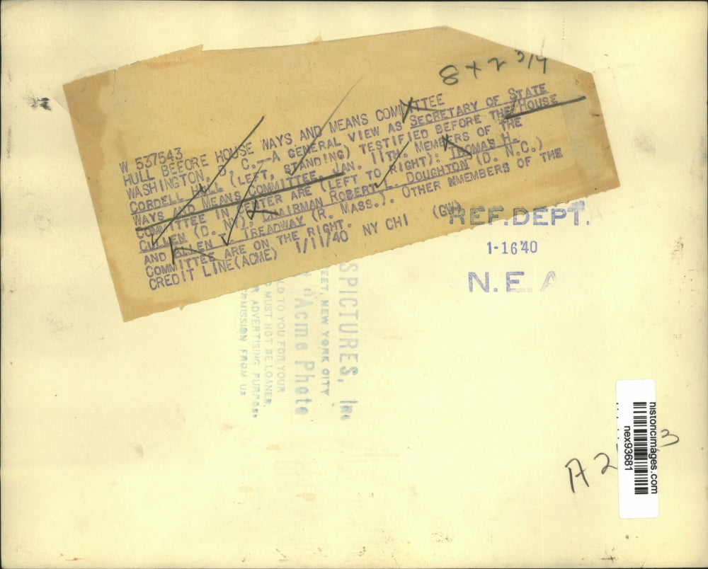 1940 Press Photo Secretary of State Cordell Hull at Ways & Means Committee