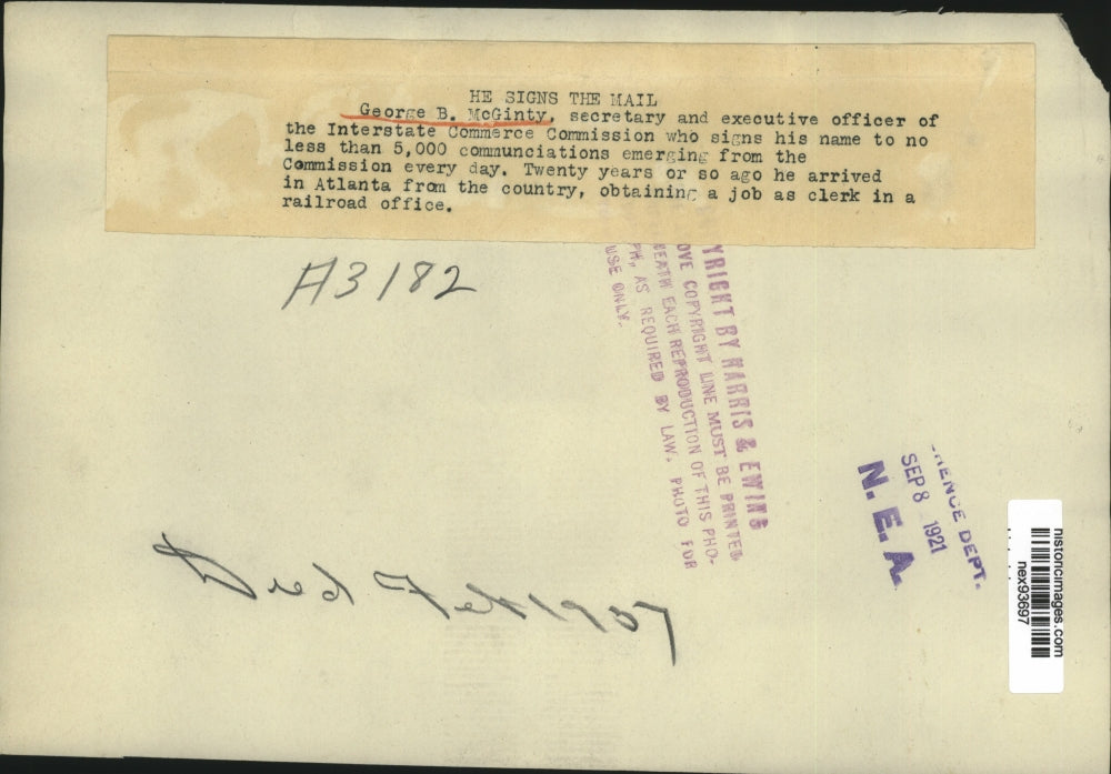 1921 Press Photo George B McGinty Secretary & Executive Officer Interstate Comme