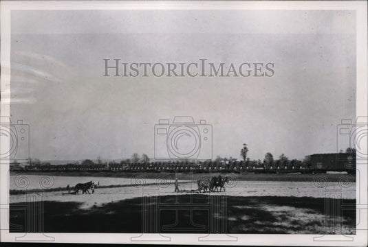 1950 Press Photo Trainload of Mechanical Balers Leaving PA Passing Farmers