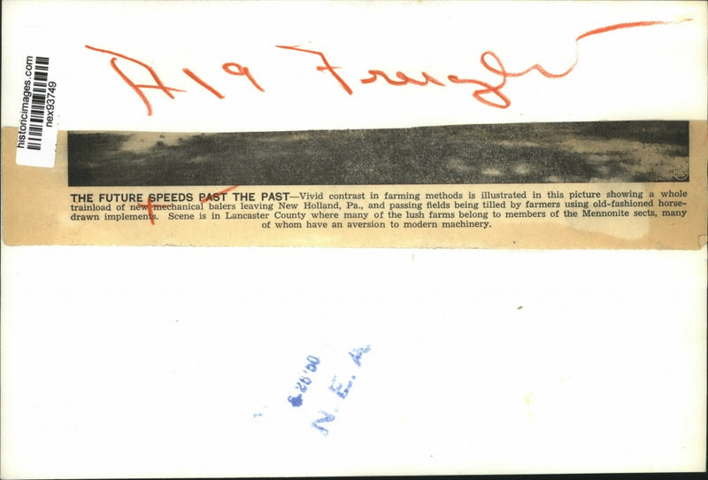 Load image into Gallery viewer, 1950 Press Photo Trainload of Mechanical Balers Leaving PA Passing Farmers
