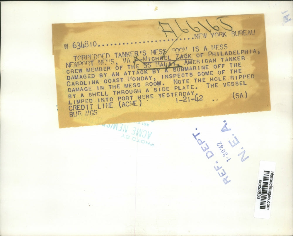 1942 Press Photo Michael Zack Crew Member of SS Malay American Torpedoed Tanker