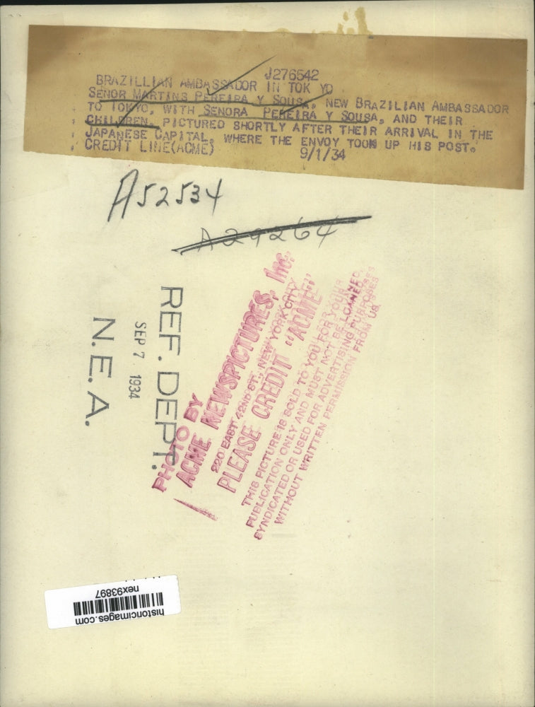 1934 Press Photo Senor Martins Pereira Sousa Brazilian Amb to Tokyo & Family