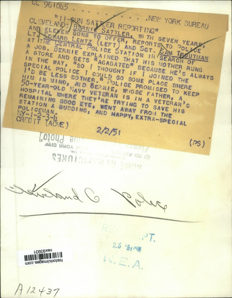 1951 Press Photo Bernie Sattler Age 11, Lt Edward Lentz & Sgt Troutman