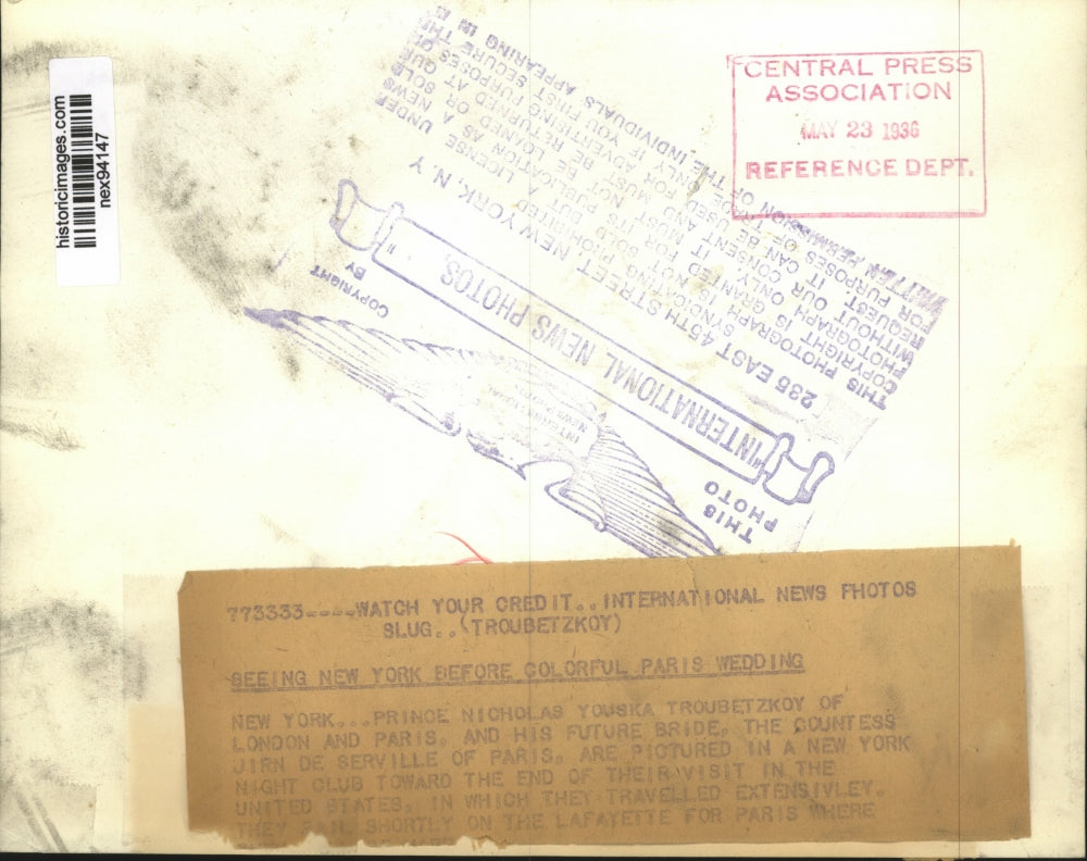 1936 Press Photo Prince Nicholas Youska Troubetzkoy & Countess Jirn De Serville
