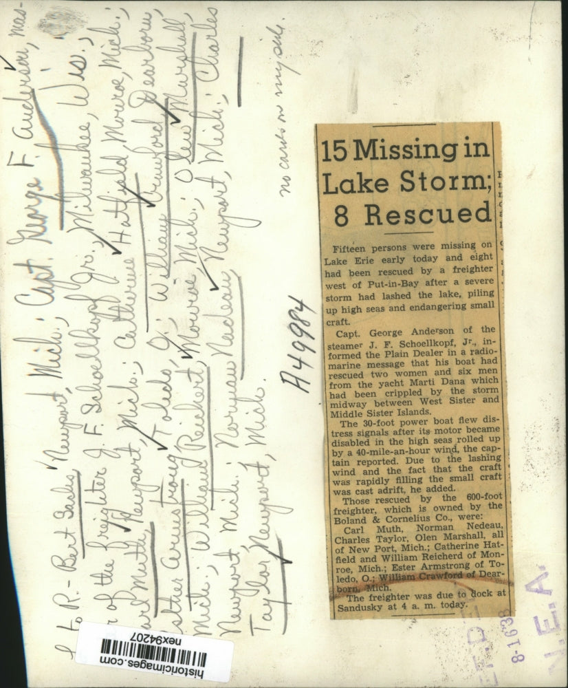 1938 Press Photo 15 Missing & 8 Rescued from Lake Erier After Freighter Sank