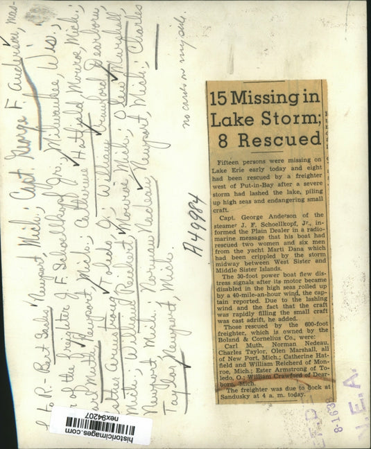 1938 Press Photo 15 Missing & 8 Rescued from Lake Erier After Freighter Sank