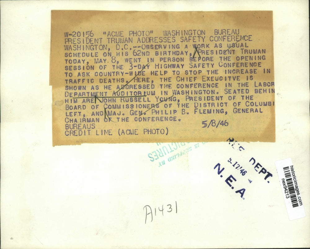 1946 Press Photo President Harry Truman Addressing Safety Conference