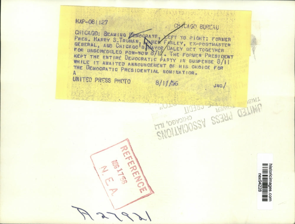 1956 Press Photo President Harry S Truman, Mayor Daley & Ex-Postmaster Farley