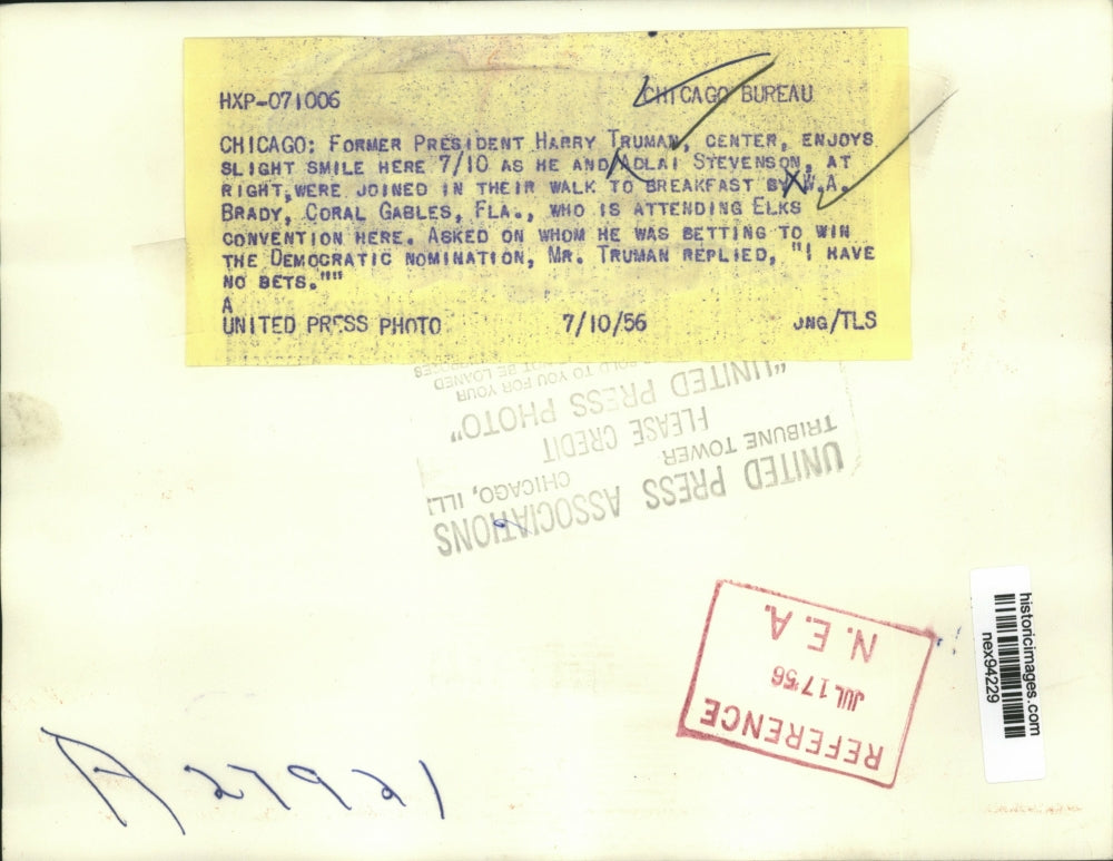 1956 Press Photo Former President Harry S Truman & Adlai Stevenson in Chicago