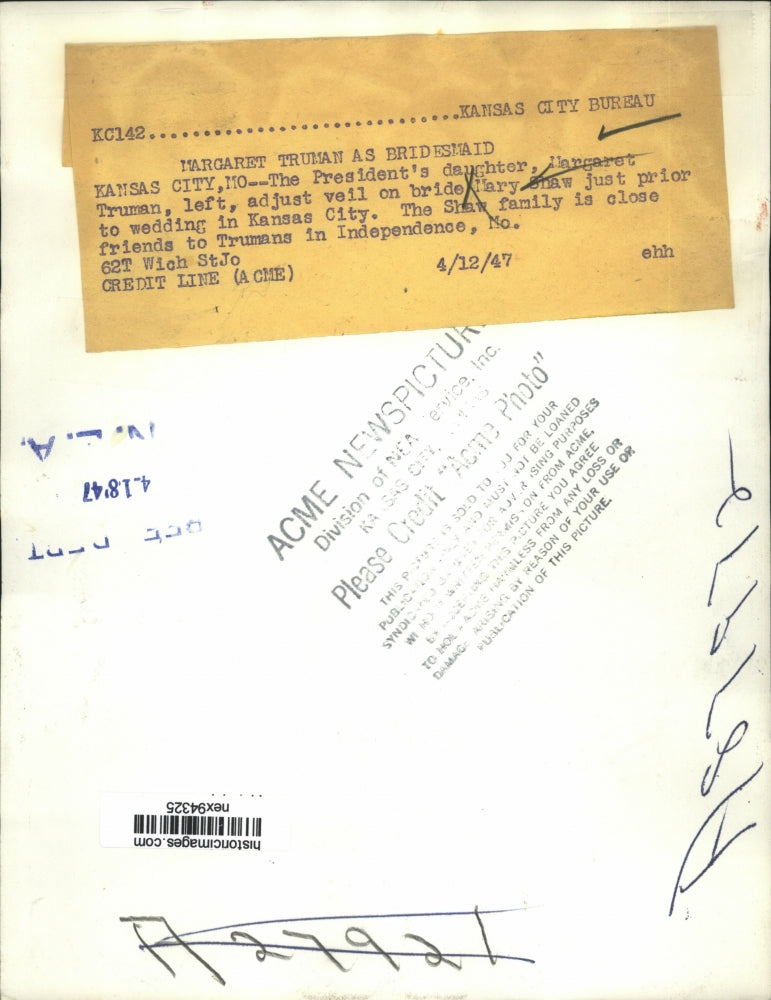 1947 Press Photo President Truman's Daughter Margaret as a Bridesmaid for Friend