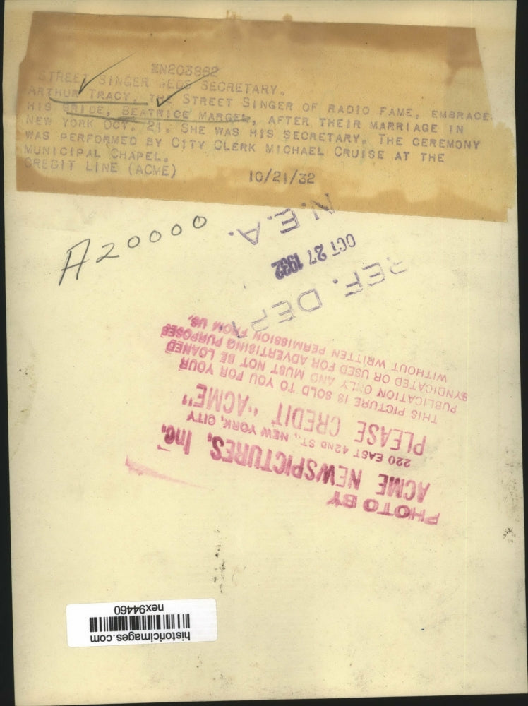 1932 Press Photo Arthur Tracy Radio Singer & Bride Beatrice Margel Secretary