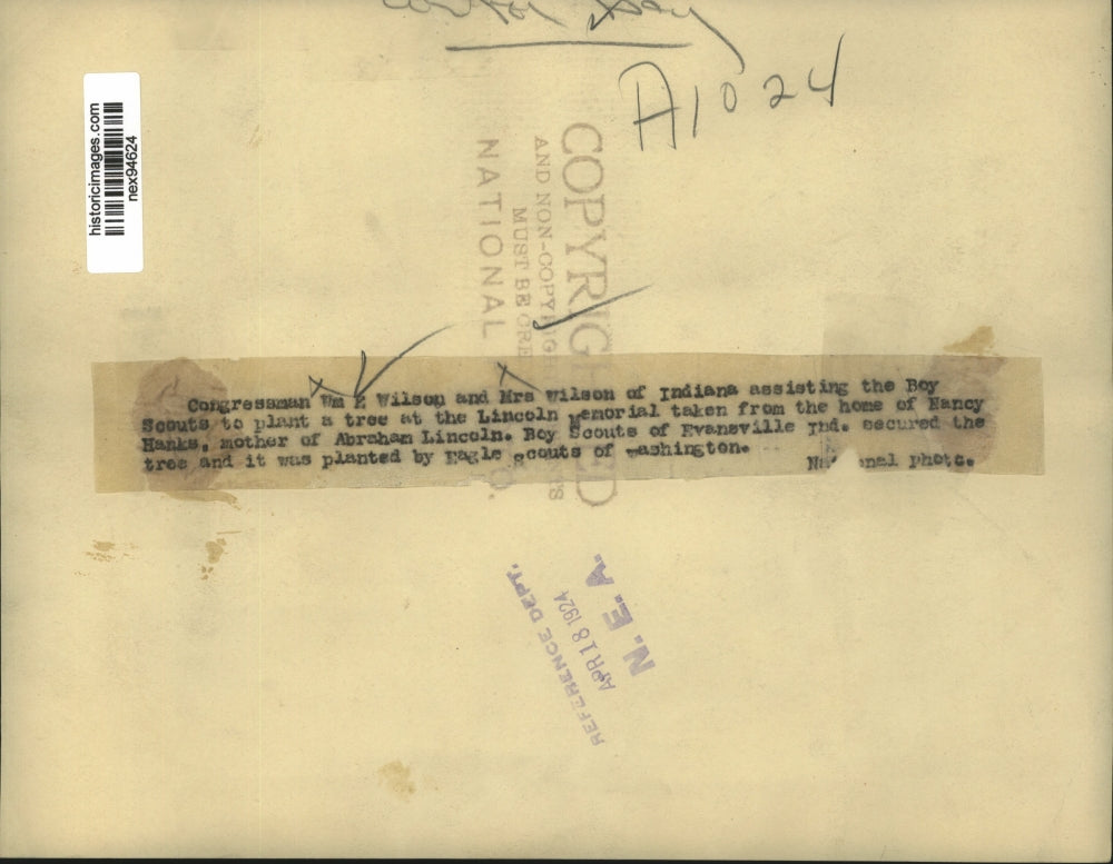 1924 Press Photo Congressman and Mrs William E Wilson Help Boy Scouts Plant Tree