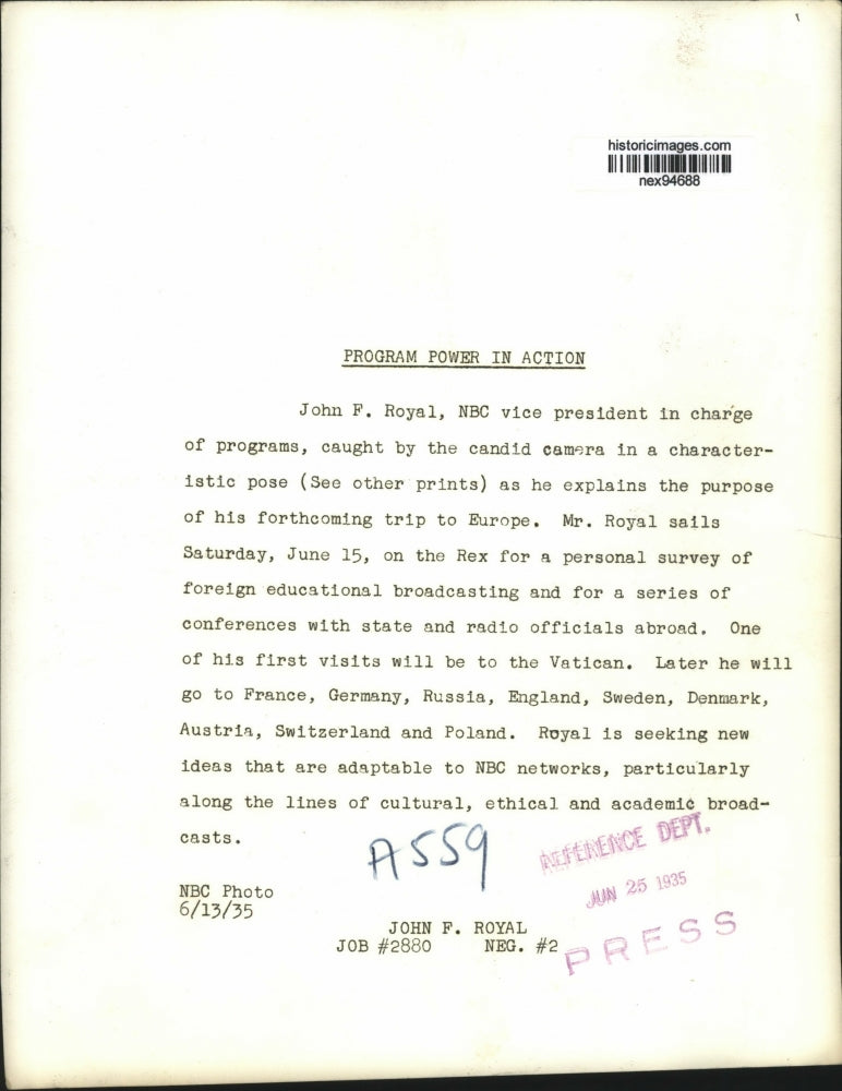 1935 Press Photo John F Royal NBC Vice President in Charge of Programs