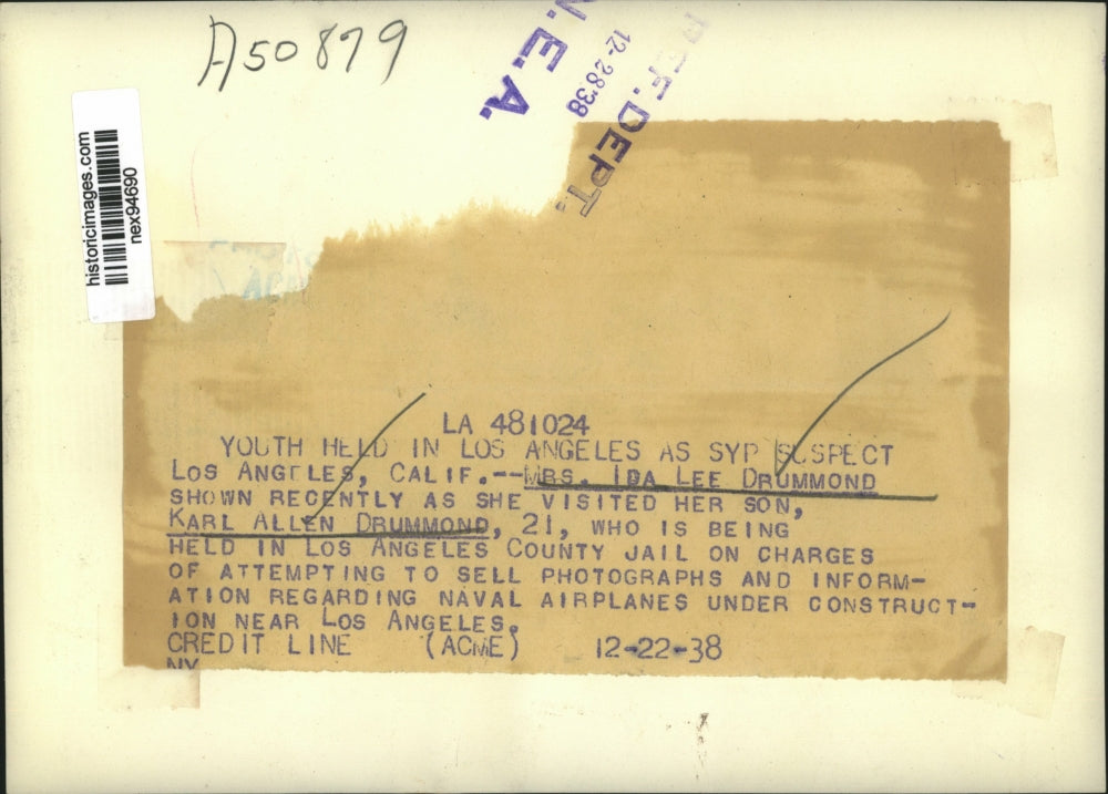 1938 Press Photo Mrs Ida Lee Drummond & Spy Suspect Karl Allen Drummond
