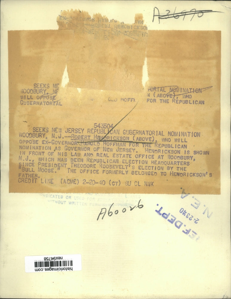 1940 Press Photo Robert Hendrickson Republican Nominee for Governor of New Jerse