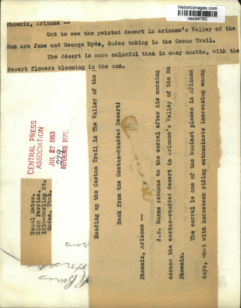 1953 Press Photo June & George Seeing Arizona's Valley of Sun on Cactus Trail