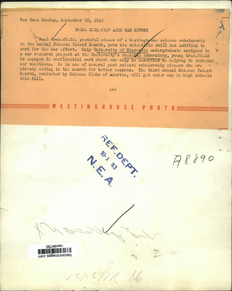 Load image into Gallery viewer, 1943 Press Photo Paul Cransfield Winner of Westinghouse Science Scholarship
